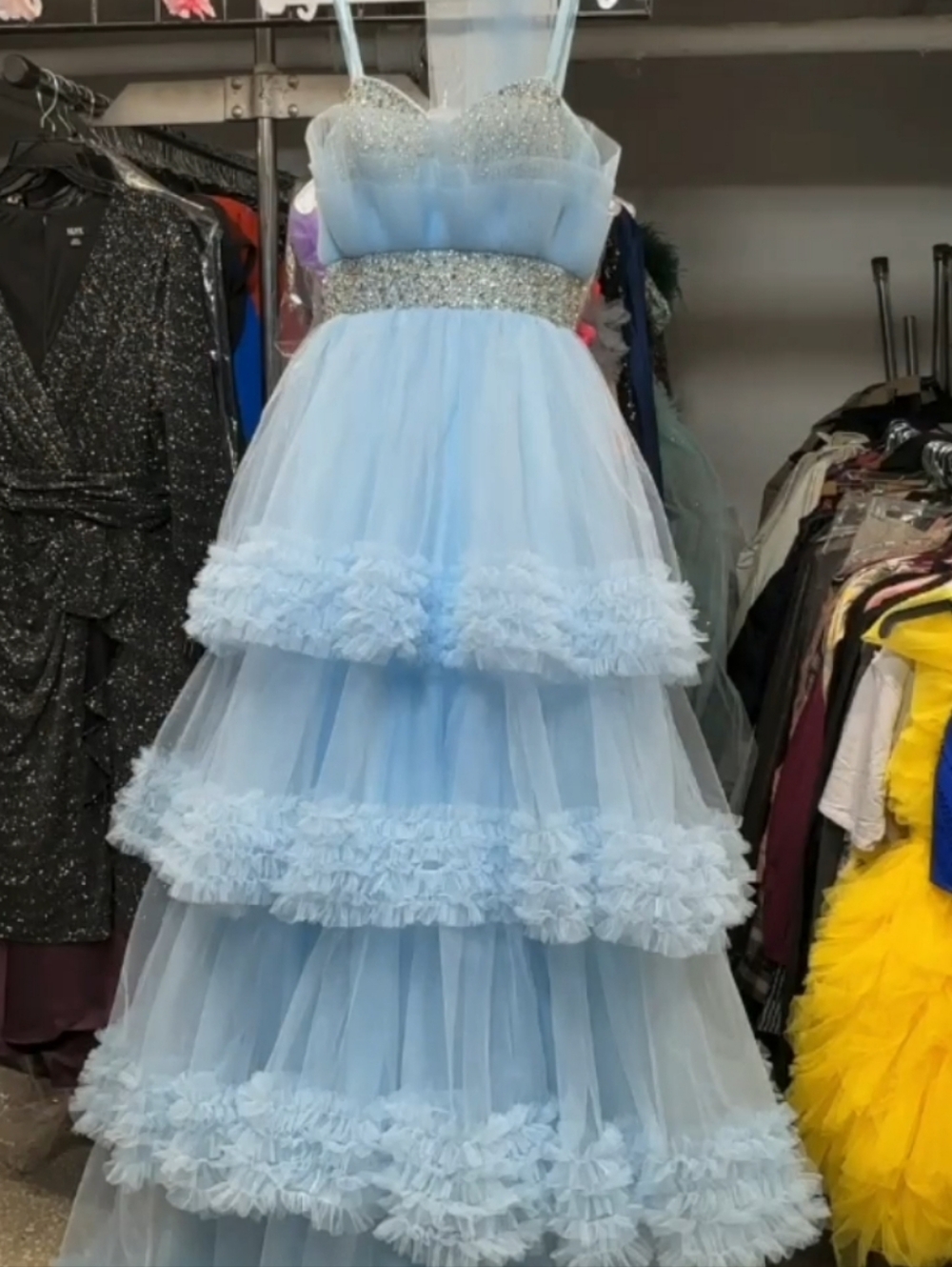 Strapless Light Blue Ruffled Tulle Gown /prom Dress